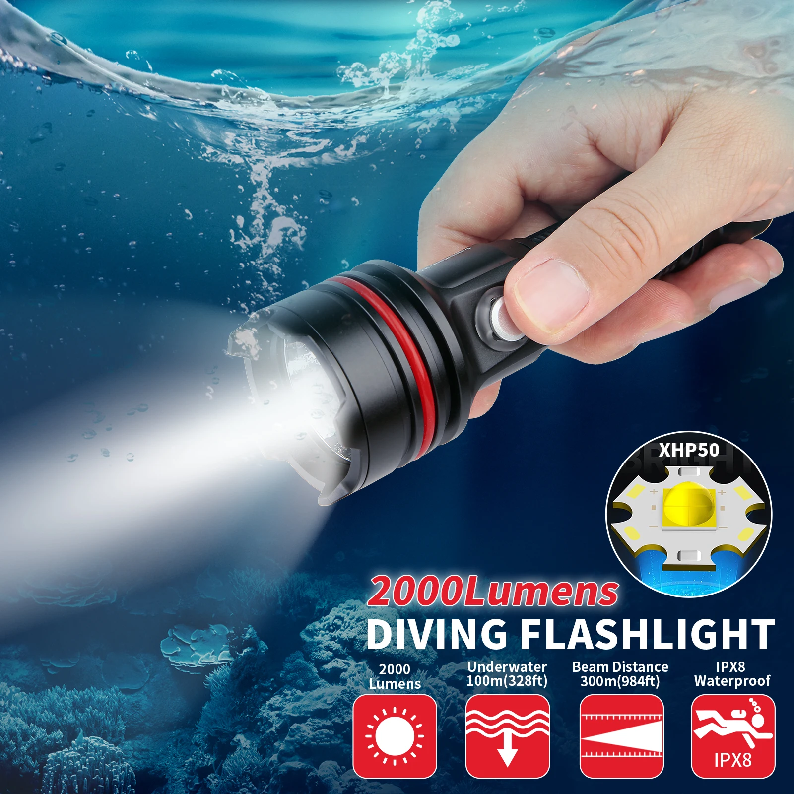 Image of 14S 2000 Lumen Unterwasser-Taschenlampe mit Klettverschluss - 6 Modi Superhelle Tauchlampe, USB-C wiederaufladbar, IP68 328FT für Tauchlicht, Sporttauchen, Nachttauchen & Schnorcheln