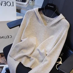 Spring new wool sweater sweater women loose hooded long sleeve sweater bottoming shirt soft waxy cashmere sweater