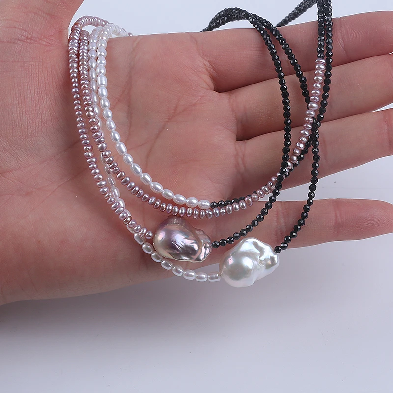 

Natural White Purple Color Rice Button Baroque Shape Freshwater Pearl Choker Necklace 925 Silver Chain