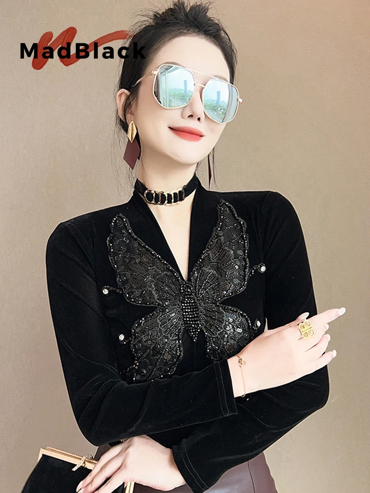 MadBlack-Women European Velvet T-Shirt, Sexy V Neck Beading Butterfly, Korean Long Sleeve Slim M-3XL Tee, 2026 Autumn T6O410CC