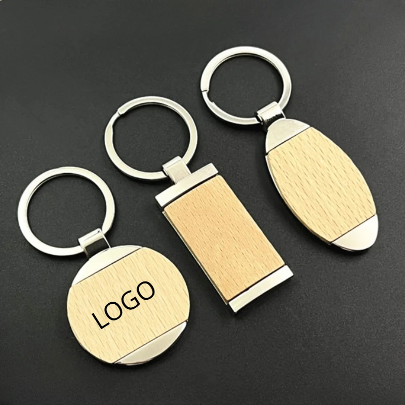 Custom LOGO Wooden Metal Keychain Rectangle Round Beech Laser Engrave Wood DIY Key Chains Personalized Keyring Hotel Room Gift