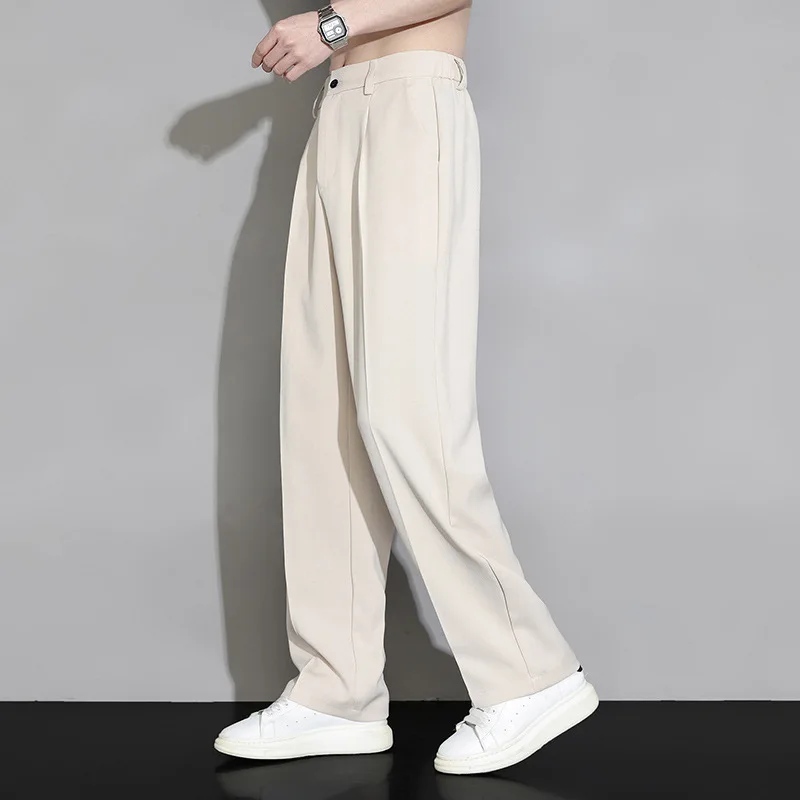 Men's Summer Thin Ice Silk Trousers, Wide-Leg, Straight-Cut, Loose-Fitting, Casual Long Pants With A High-End Drape, Suitable