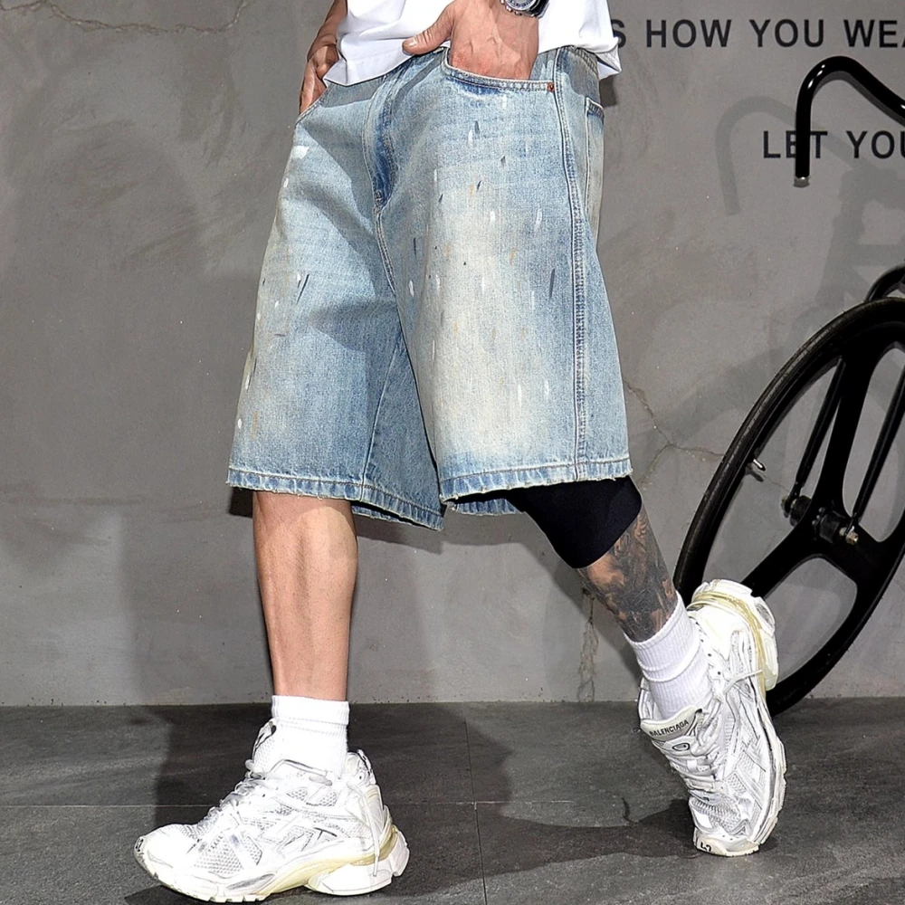 Korean Streetwear Men Hip Hop Splatter Paint Denim Shorts Summer Loose Fit Straight Leg Jorts 5 Inch Inseam Skate Trendy Casual