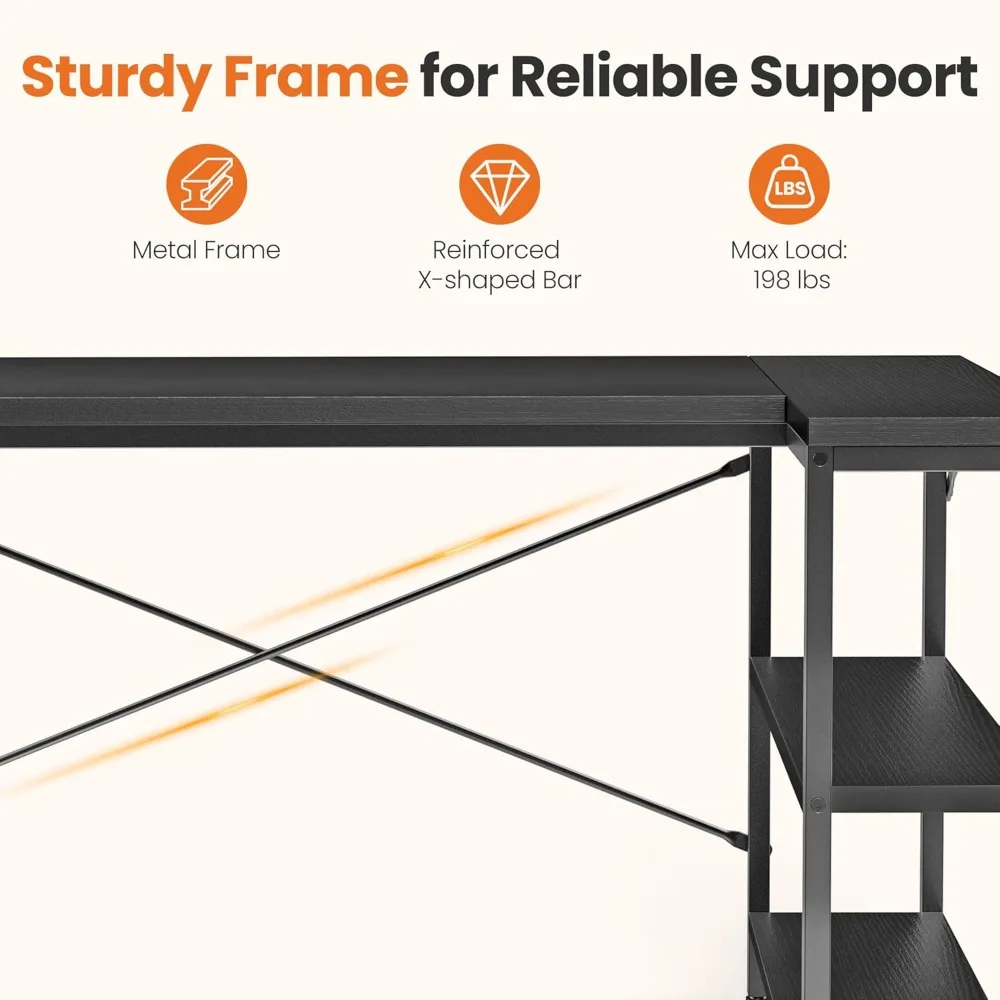 طاولة كمبيوتر زاوية مقاس 47 بوصة على شكل حرف L مع أرفف قابلة للعكس لدراسة المكاتب المنزلية