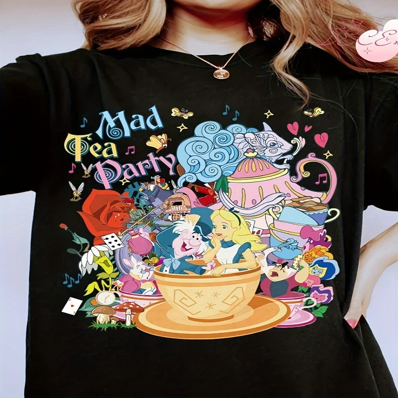 เสื้อยืดผู้หญิงอลิซในแดนมหัศจรรย์ โฟร์ซีซั่นส์ผ้าฝ้ายแท้แฟชั่นลำลองสำหรับผู้ชายและผู้หญิงสตรีทแวร์