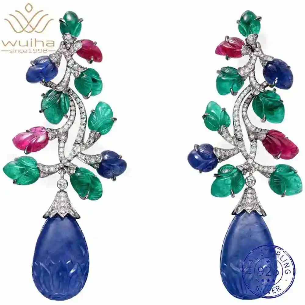 WUIHA Vintage 925 Sterling Silver Lab Sapphire Emerald High Carbon Diamonds Wedding Engagement Drop Dangle Earrings Fine Jewelry