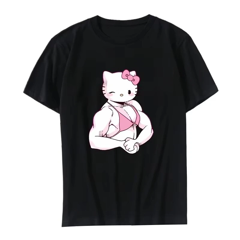 

MINISOKuromi Hello Kitty and Friends Graphic T-shirt Tops Cotton Women's Short Sleeve T-shirt Anime Cinnamon Roll Muscle Print C