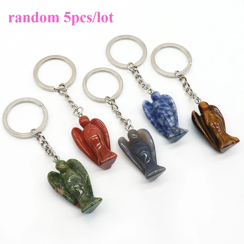 5pc Angel Natural Stone KeyChain Pendant Charms Healing Crystal Agate Quartz Stone Lovely Jewelry Handbag Accessories 22x35mm
