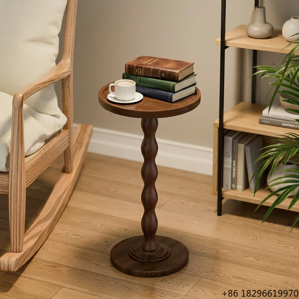 Retro Round Wooden Side Table Waterproof Nightstand for Bedroom Living Room Small Space