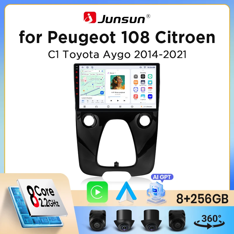 Autoradio sans fil Junsun CarPlay Android Auto pour Peugeot 108 / Citroen C1 / Toyota Aygo (Mk2) 2014-2021 avec ventilateur de refroidissement intégré, navigation GPS Android, lecteur multimédia,