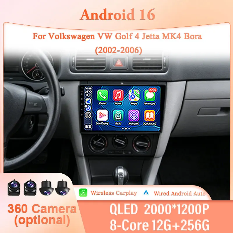 for Volkswagen VW Golf 4 Jetta MK4 Bora 2002-2006 9" Android 16 IPS HD BT WiFi DSP Touch Screen Wireless CarPlay GPS Multimedia