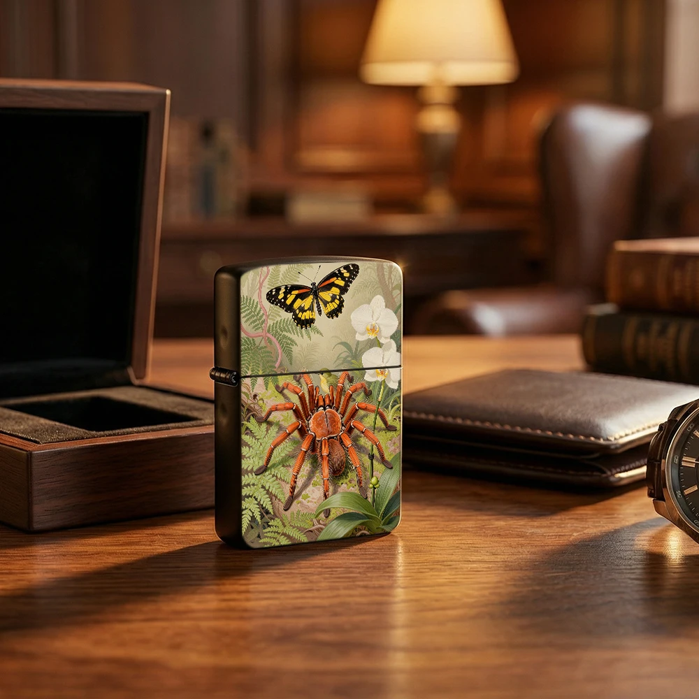 Flip Top Lighter Tarantula Spider With Butterfly Orchid And Jungle Plants Art Pattern lighters vintage lighters for smokers