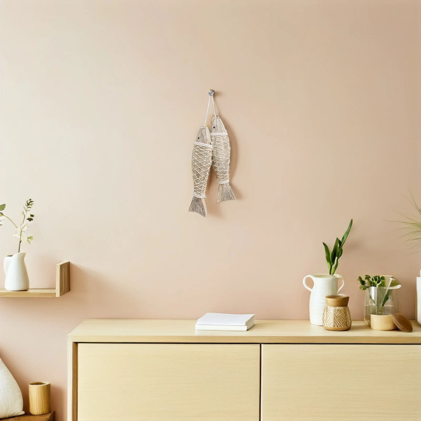 

2 Strings Mediterranean Wood Fish Wall Decor Hand-Carved Vintage Nautical Ornament for Rustic Coastal Home Beach Bathroom Living