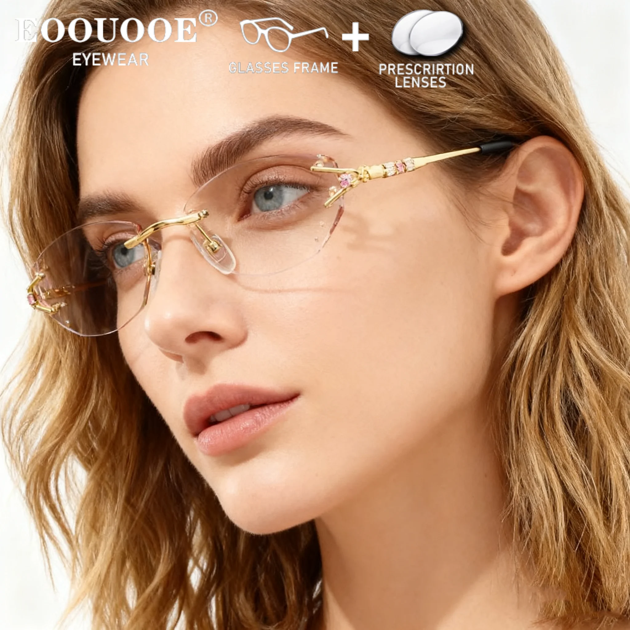 

Customiz Women Luxury Diamond Eyeglasses Rimless Glasses Gradient Tinted Lenses Myopia Progressive Prescription Reading Eyewear
