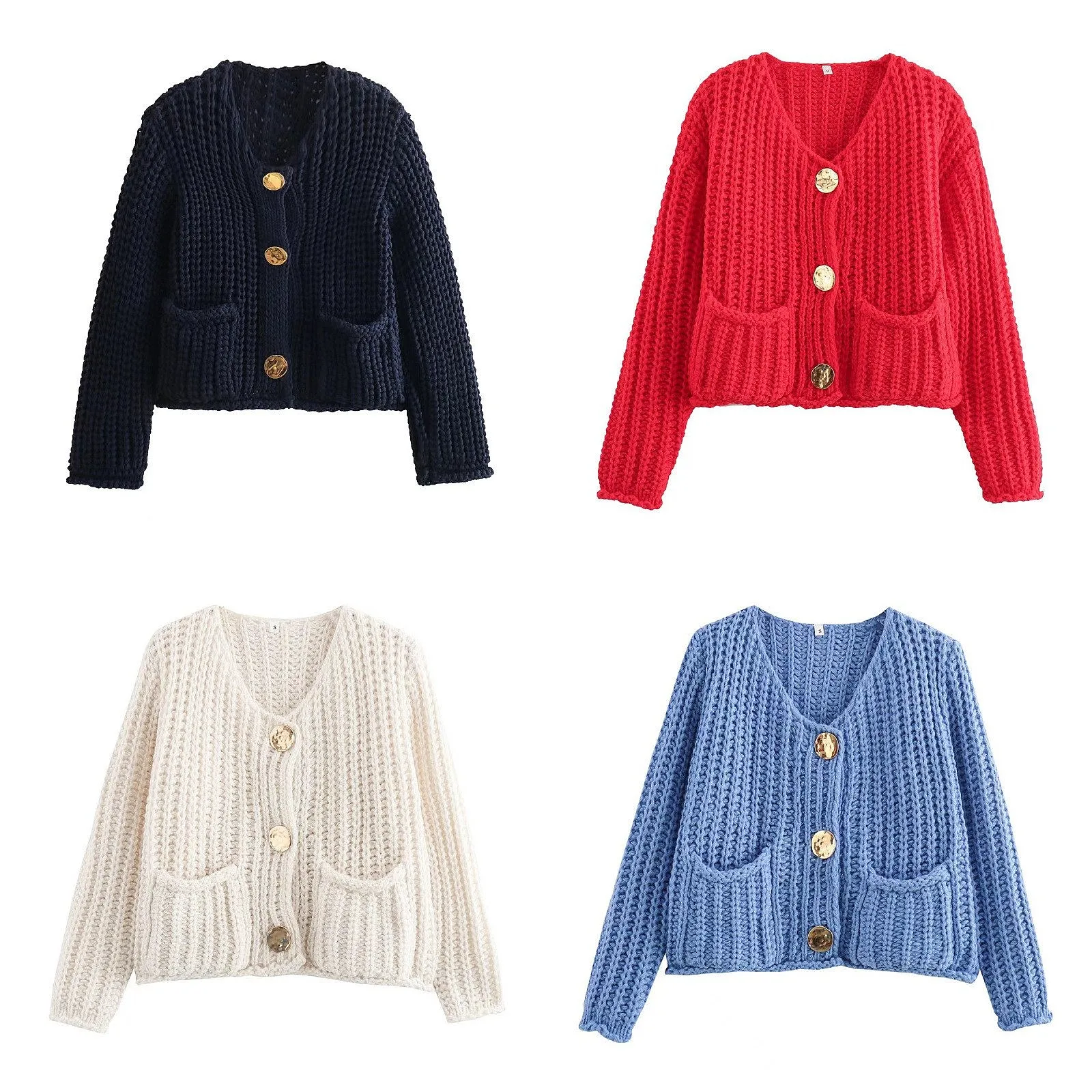 

Cozy Knit Cardigan Jacket Women Solid Button Front Pockets Short Chunky Knitwear Tops