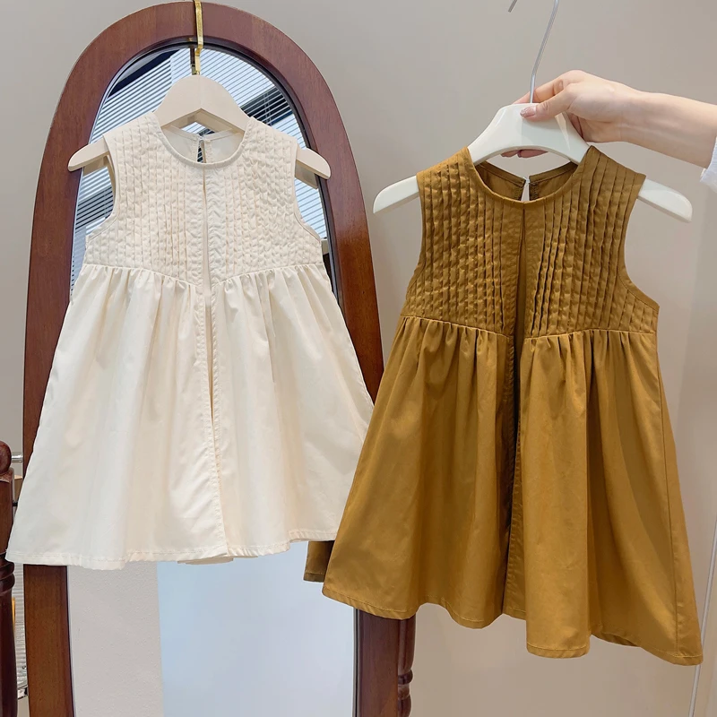 2 3 4 5 6 8 anni ragazze carine vestono 2024 estate nuovo stile conciso tinta unita senza maniche moda principessa vestito per i bambini