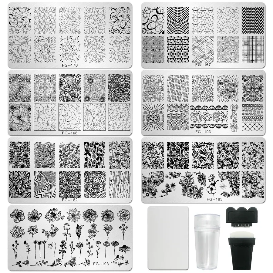 

7pcs Nail Stamper Kit with Geometric Mandala Flower Nail Stencils Includes 2 Stamp Tools and 2 Scrapers for Home Salon Manicure