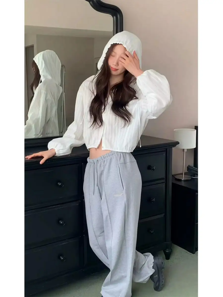  Striped Hooded Sun Protection Shirt Women's Loose Short Thin Drawstring Waist Open Cardigan Cotton Long Sleeve Shirt