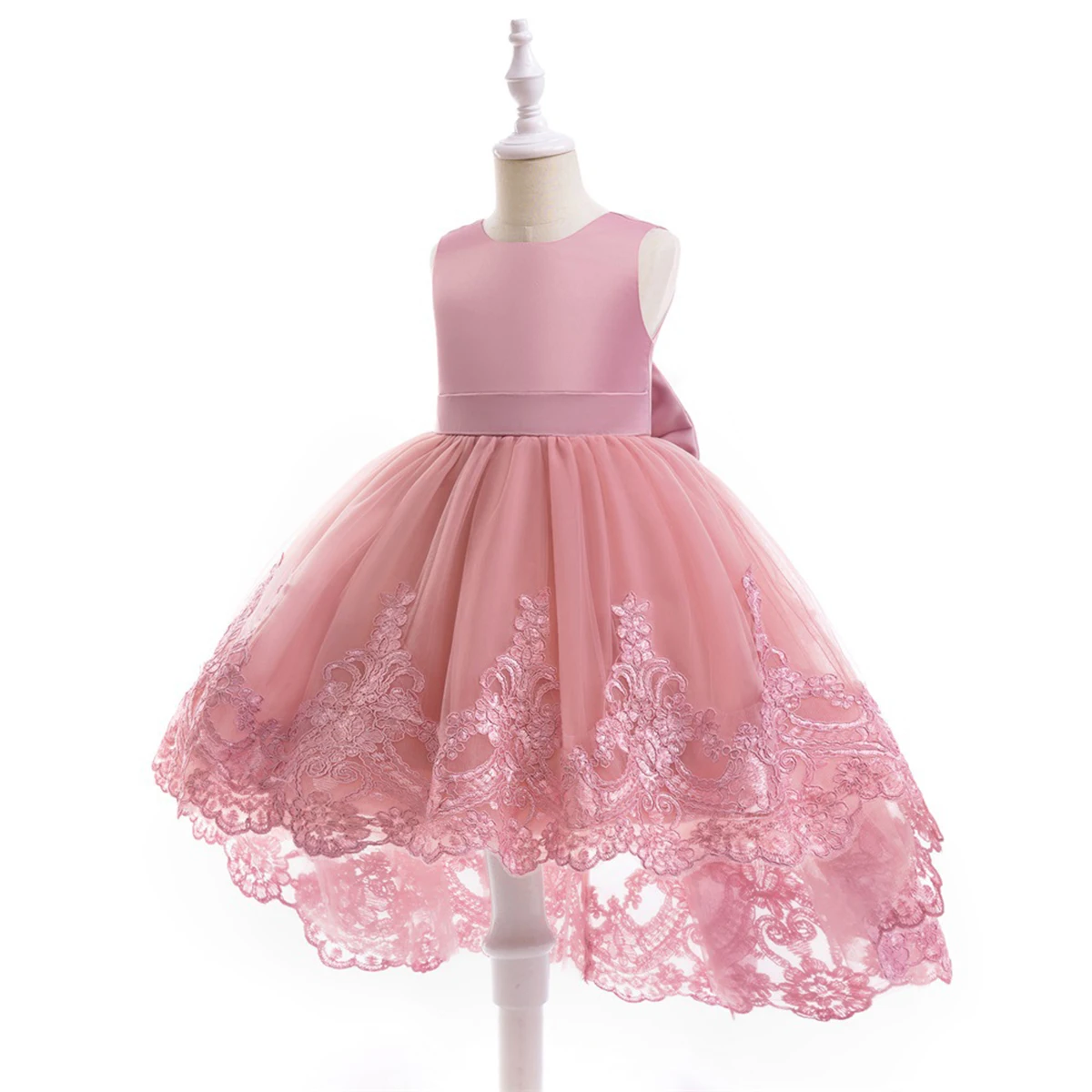 

Girls Sleeveless Tulle Tutu Lace Birthday Pageant Party Dress Kids Big Bowknot Embroidered Hi-lo Hem Flower Girl Wedding Dresses