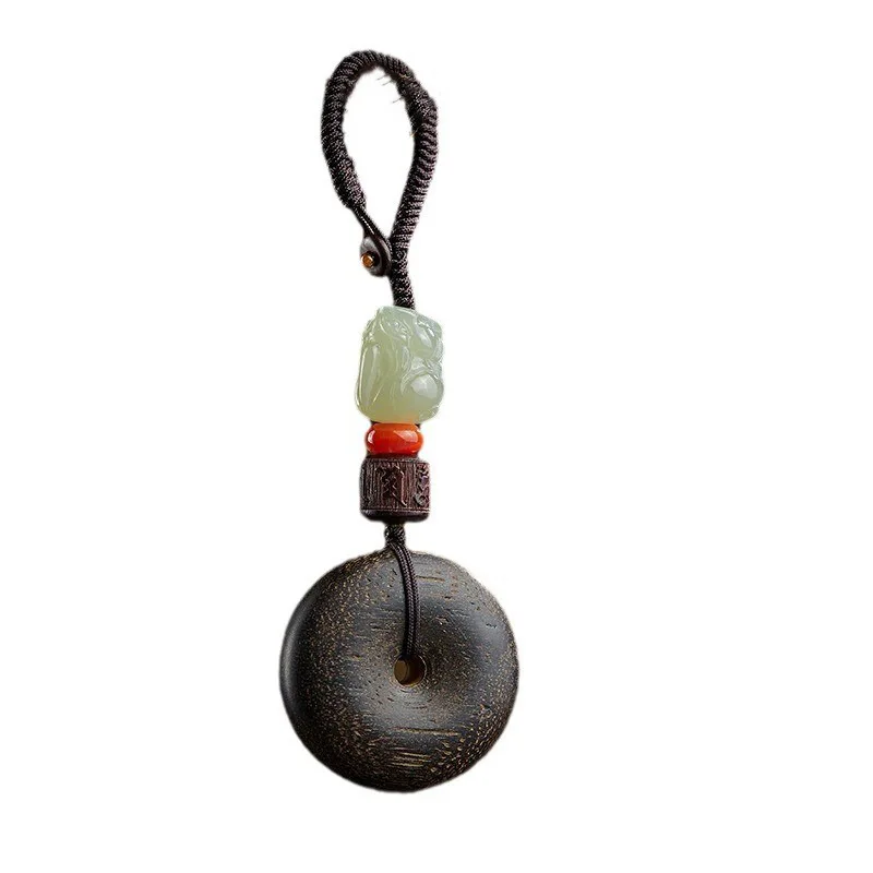 Vietnam Nha Trang Old Agarwood Peace Buckle Car Keychain Men's High Grade Hetian Jade Pixiu Pendant Gifts