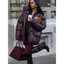 2024 New Burgundy Winter Warm Down Jacket Women Elegant Stand Collar Lace Up Pocket Cotton Coats Autumn Female Street Outerwear