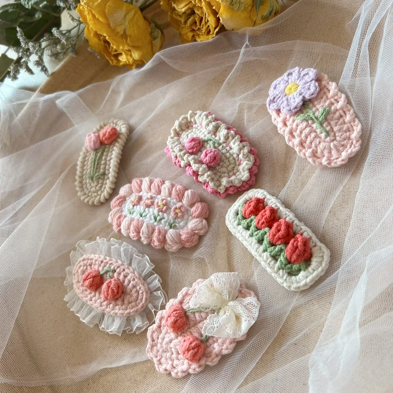 1 Pcs Pink Barrettes Crochet Handmade Wool Embroidery Lovely Colorful Flower Hairpin Side bangs BB Clip Women Hair Accessories