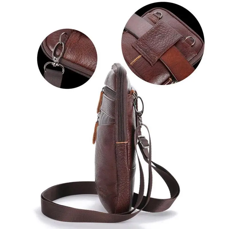 Men Shoulder Crossbody Bag Coffee Color Leather Classic Texture Creative Business Casual Messenger Phone Pouch Pockets