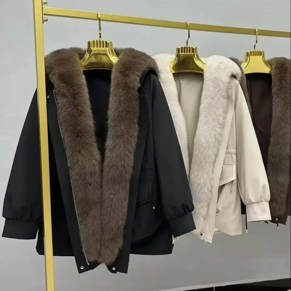 Parkas femeninas de moda nuevo abrigo cálido medio largo de invierno forro de pelo de conejo Rex desmontable cuello de piel de zorro Real abrigos de piel para mujer