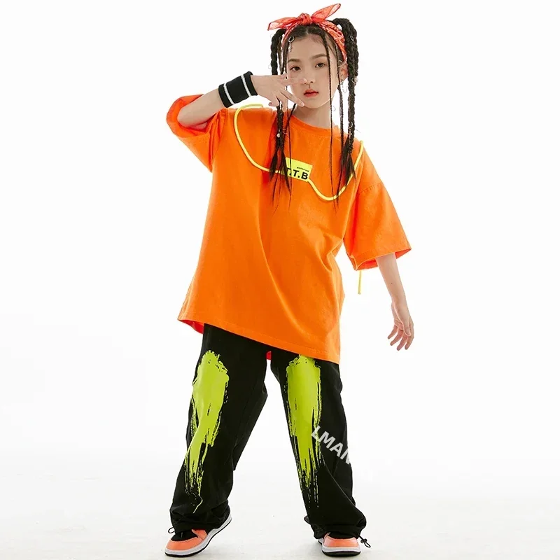 Ropa de Hip Hop Kpop para niños, Tops de manga corta, pantalones sueltos, disfraz de actuación de baile moderno, ropa de baile de Jazz para niñas