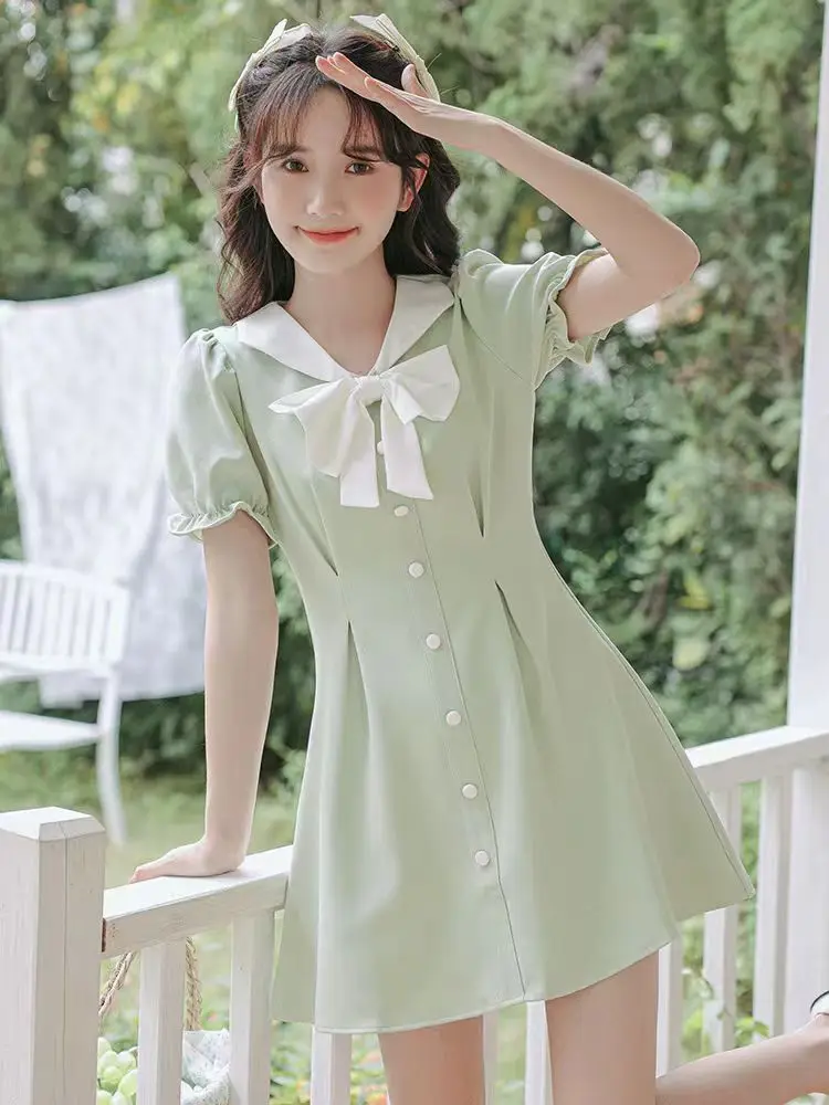 

Summer Women Sweet High-waisted Slim A-line Dress White Bow Single Breasted Fresh Short Dress 2025 New Female Clothing