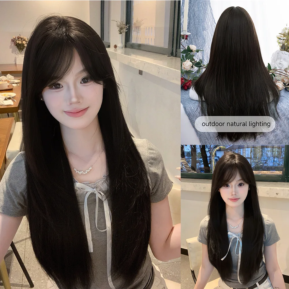 28Inch Black Color Lovely Lady Synthetic Wigs Middle Part Long Straight Hair Wig For Women Daily Use Cosplay Drag Heat Resistant