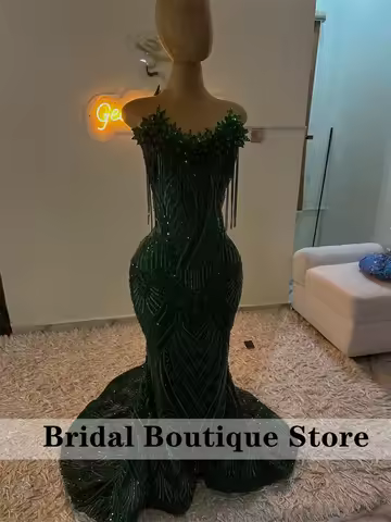 Shiny Emerald Green Rhinestones Diamond Prom Dresses Customized Beading Evening Gowns African Wedding Party Gala Dress