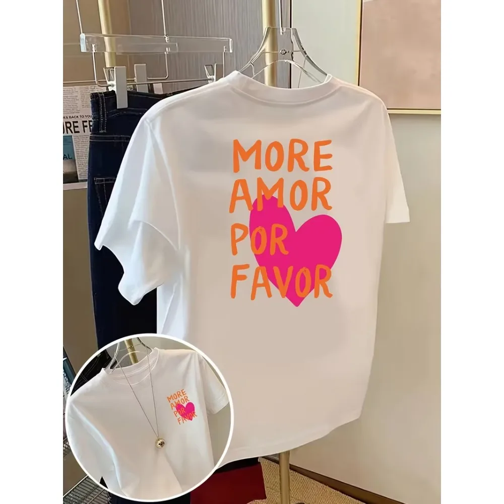 Amor Por Favor Love Graphic Tee Women's T-shirt Casual Summer Top for Women Double-sided Print Top Soft Summer Daily Wear