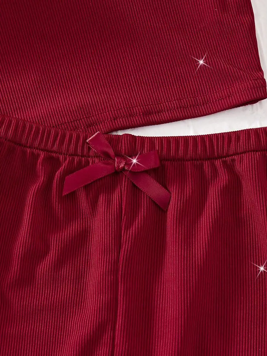 

2pcs Solid Color Bow Camisole And Stretchy Shorts Women Sleepwear Set