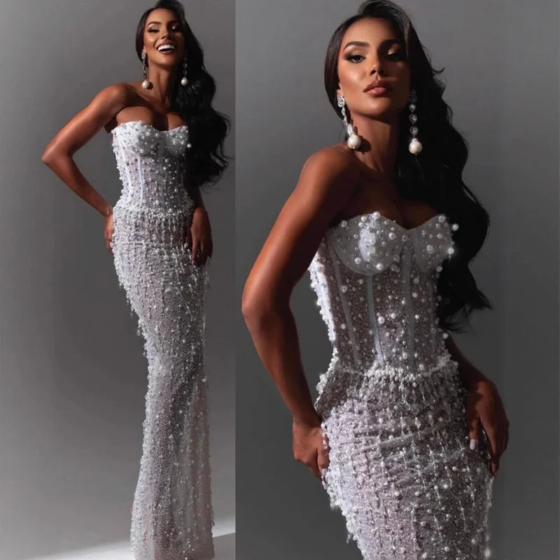 Neue Ankunft Perlen Pailletten Sexy Fishbone Trägerloses Kleid Langes Kleid Europäischen und Amerikanischen Party Abend Hochzeitskleid