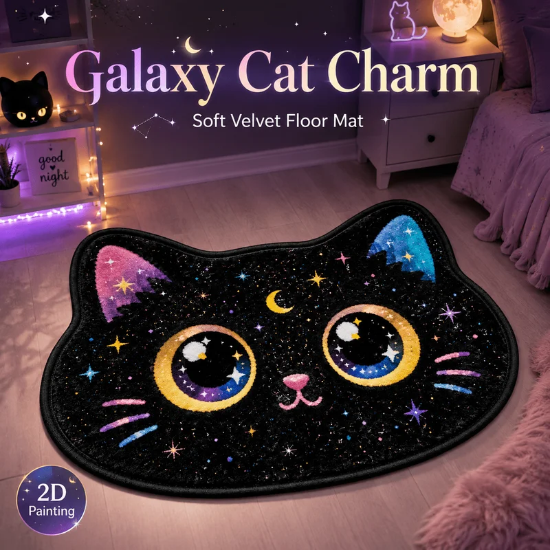 VIKAMA Cute Black Cat Rug Galaxy Moon Star Irregular Shaped Soft Velvet Non Slip Washable Carpet for Bedroom Bedside Witchy Gift