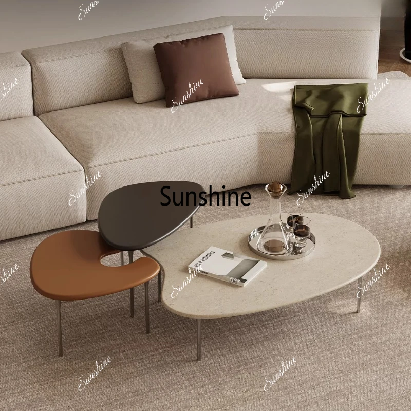 

Italian minimalist natural marble coffee table special-shaped stainless steel light luxury coffee table