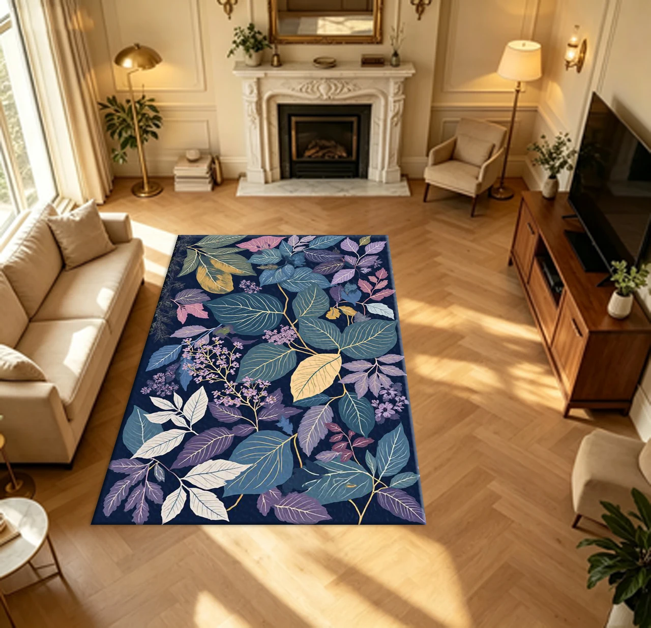 Dark Background Multicolor Autumn Leaf Botanical Carpet Flooring Art Style Household Indoor Decor Area Rug