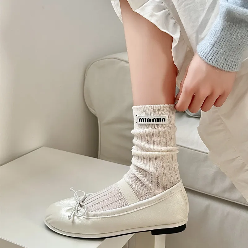 Sweet Sport Threaded Socks Letter Versatile White/black Middle Tube Socks Trendy Hot Selling Breathable Cotton Hosiey