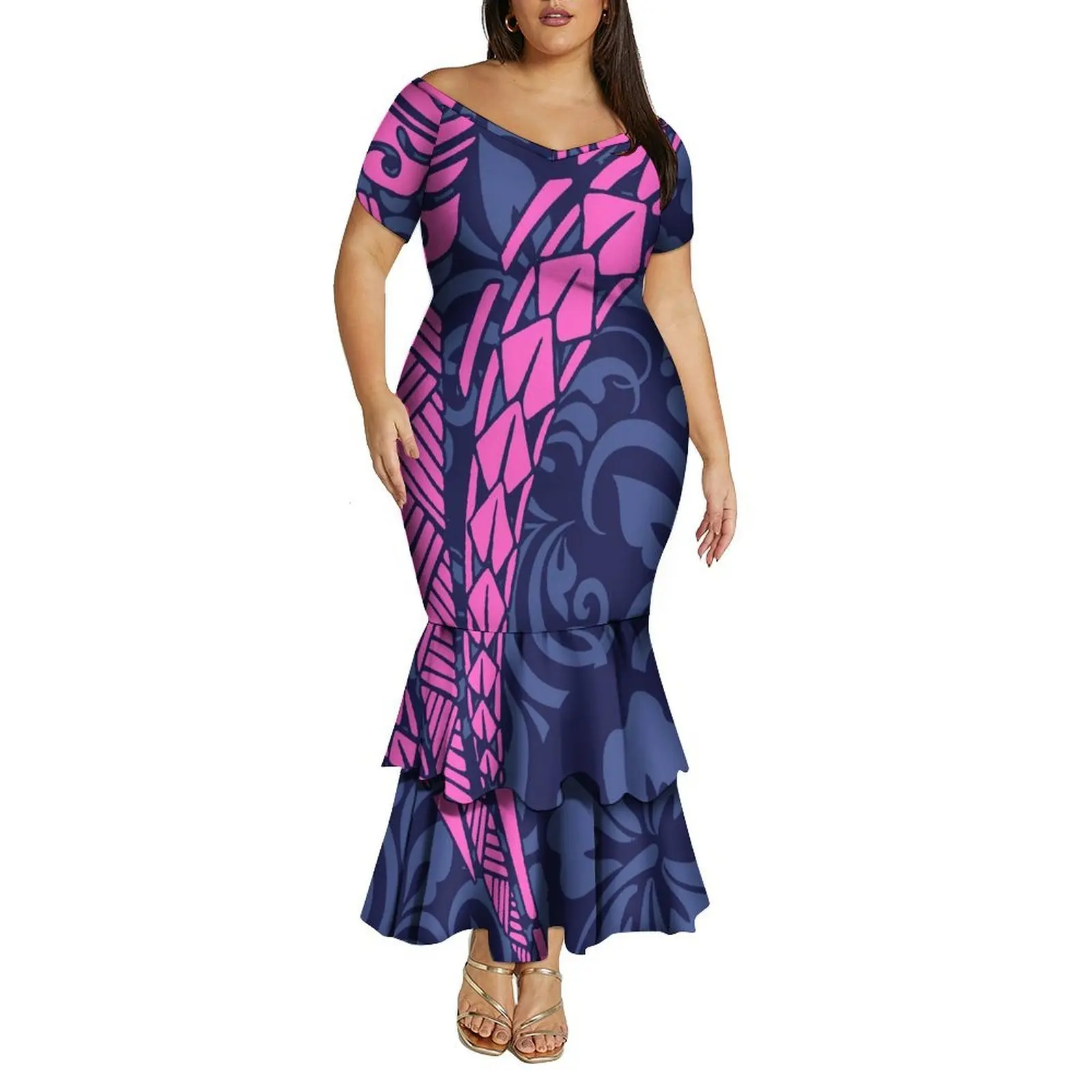 Polynesian Custom-Made High-Quality Floral Print Design For Women V-Neck Off-The-Shoulder Double-Layered Hem Fishtail Skirt