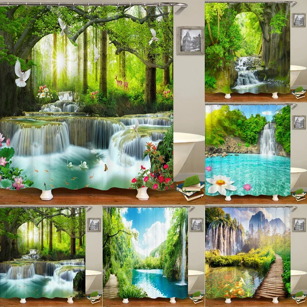 Bathroom shower curtain 3D nature forest landscape print polyester waterproof curtain home decoration curtain with hook 180x200