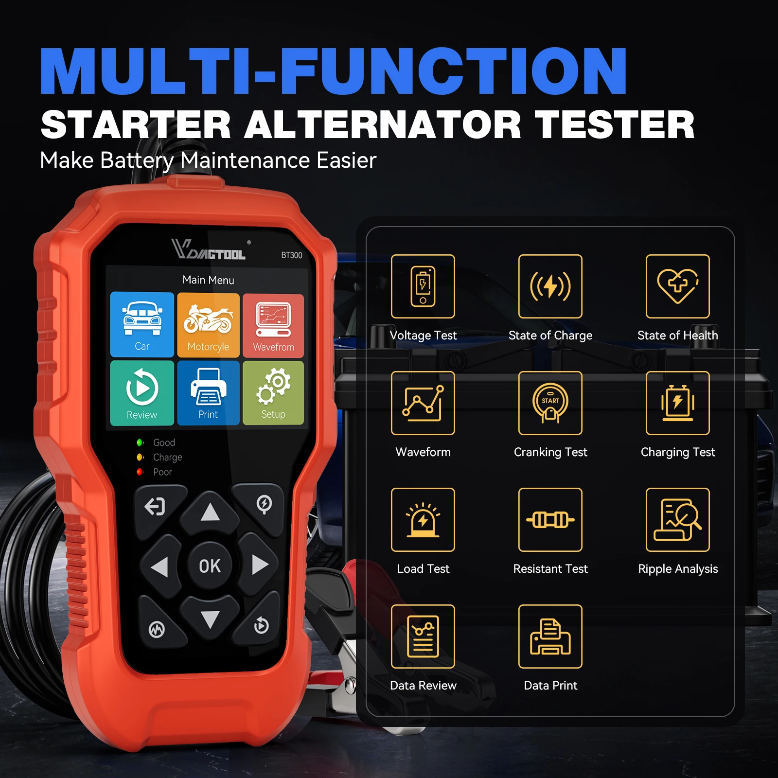 VDIAGTOOL BT500 Car Battery Tester 5-3000CCA Battery Analyzer Charging Circuit Diagnostic Tool for 6V-24V Motorcycle Truck