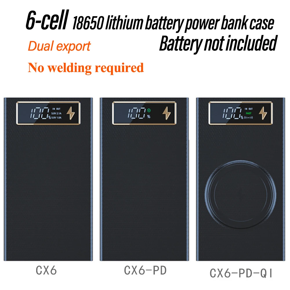 6 Cells 18650 DIY Power Bank Case Kit Detachable No Soldering 22.5W Fast Charge Mobile Power Shell Wireless Charge no Battery
