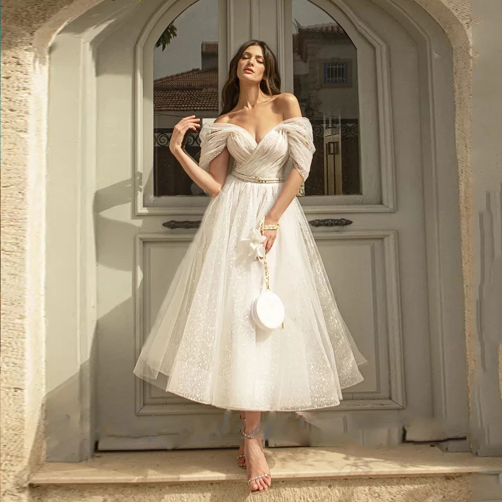 Bling Glittter Boho Wedding Dresses  For Women Sweetheaart Tulle Point Net Tulle Beach Short Bridal Gown Cheap Civil