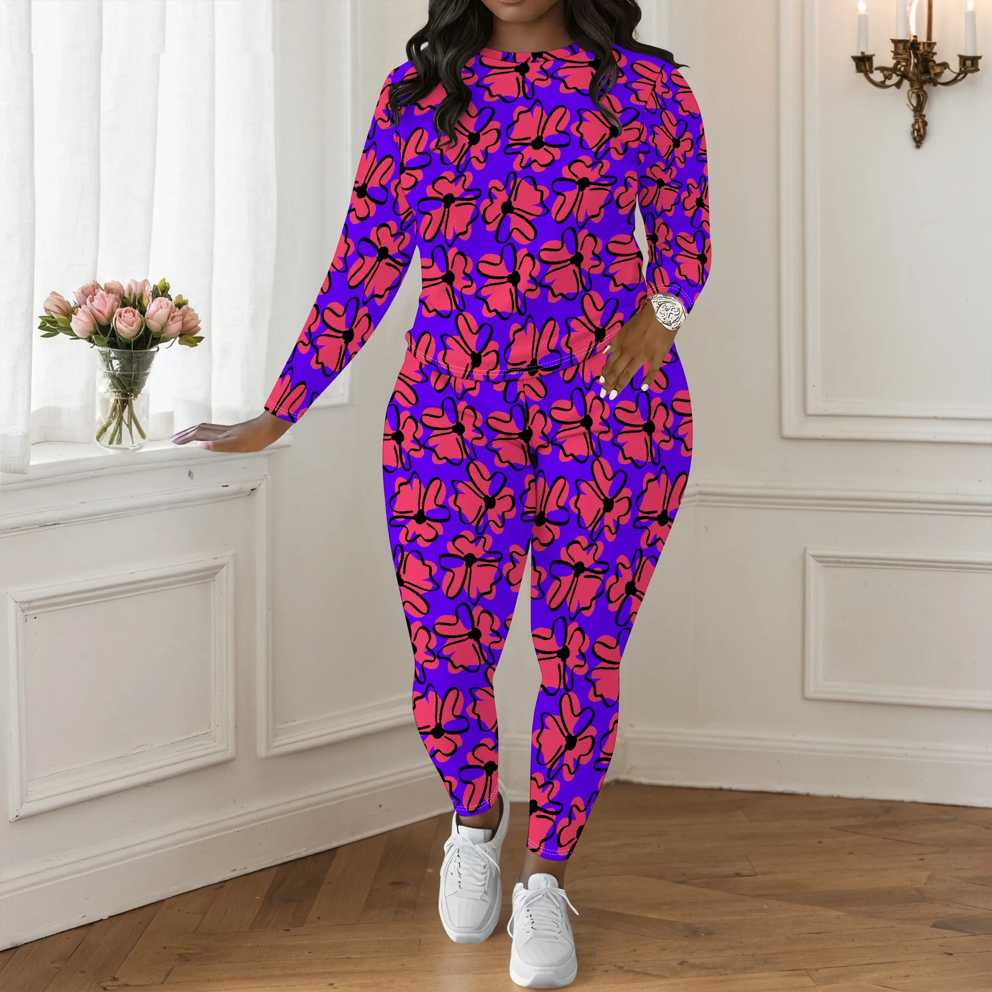 

Women's Long Sleeved Two-Piece Set, 3D Fashionable Striped Printed Pattern Long Sleeved Two-Piece Set, Casual And Relaxed Style.