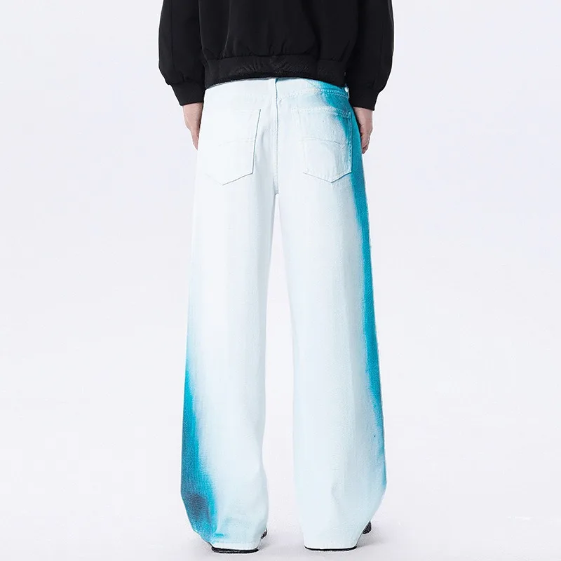 جينز جديد عتيق موديل 2025 بطلاء رذاذ متدرج غير منتظم للرجال سروال مستقيم مريح فضفاض ثنيات عالي الشارع