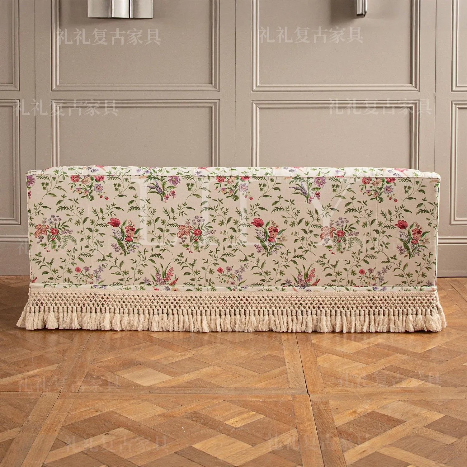 French printed fabric sofa small apartment living room lazy sofa American bedroom atmosphere solid wood double