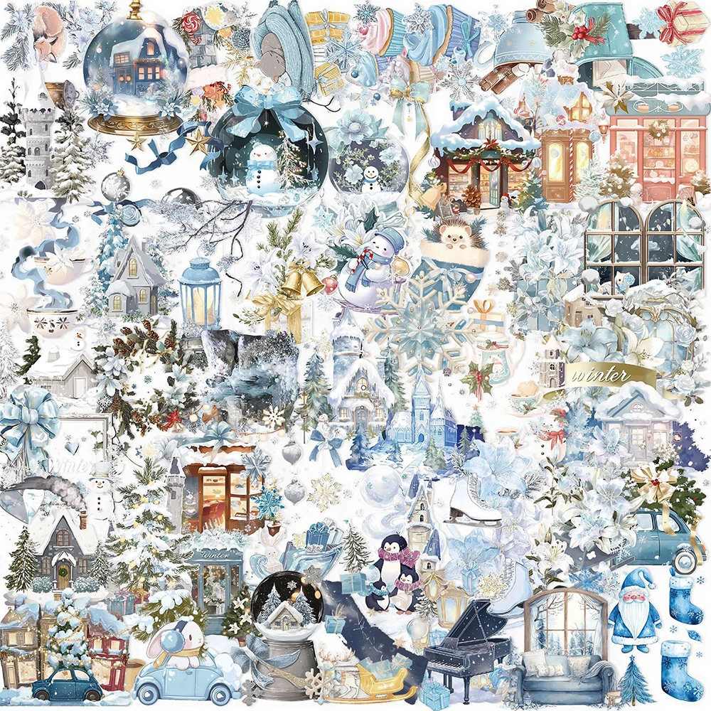 10/30/50/100pcs Watercolor Winter Transparent PET Stickers for Journal Phone Waterproof Christmas Santa Snowman Decals Toys