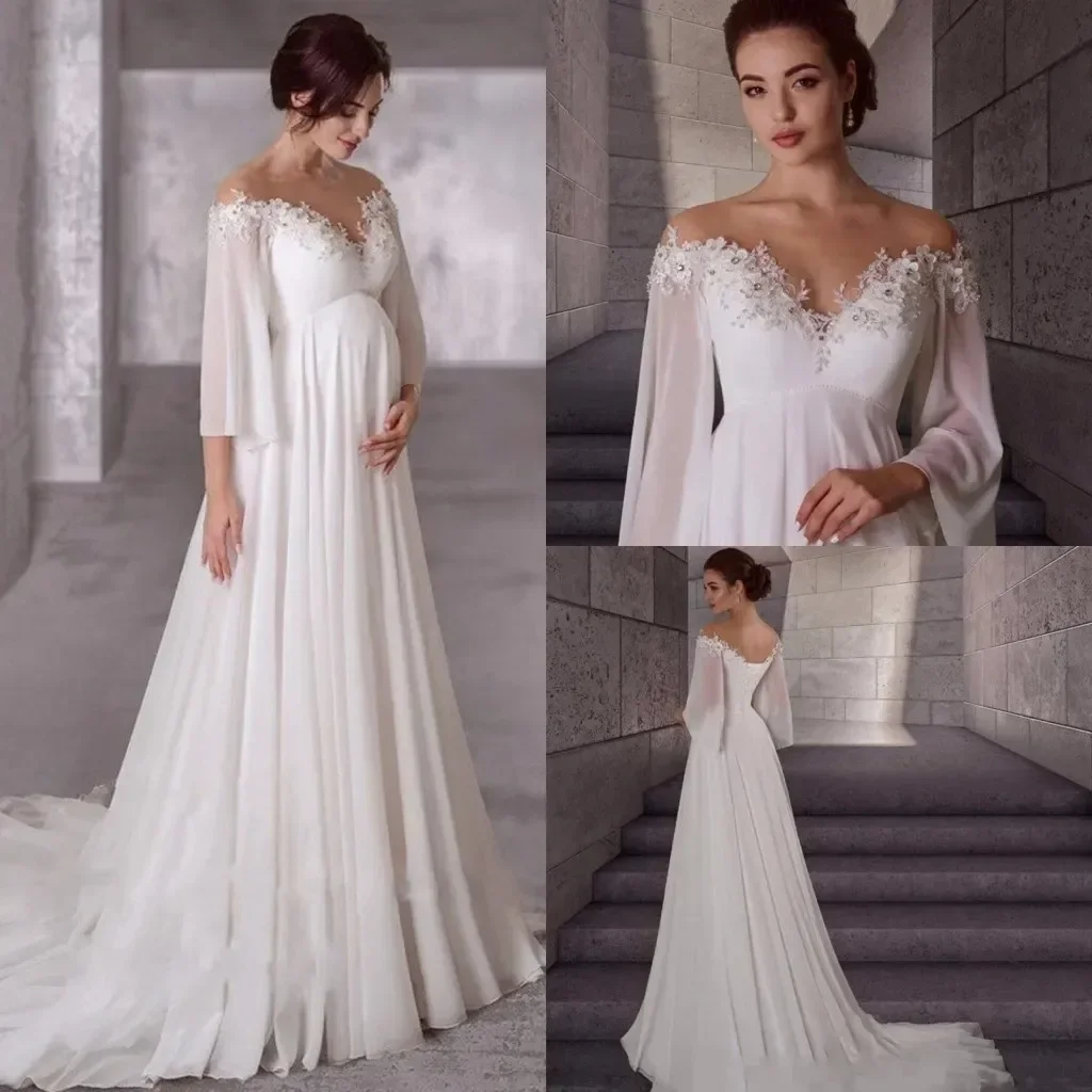 Maternity Chiffon Wedding Dress 2024 Long Sleeves Pregnant Bride Gowns Elegant Simple