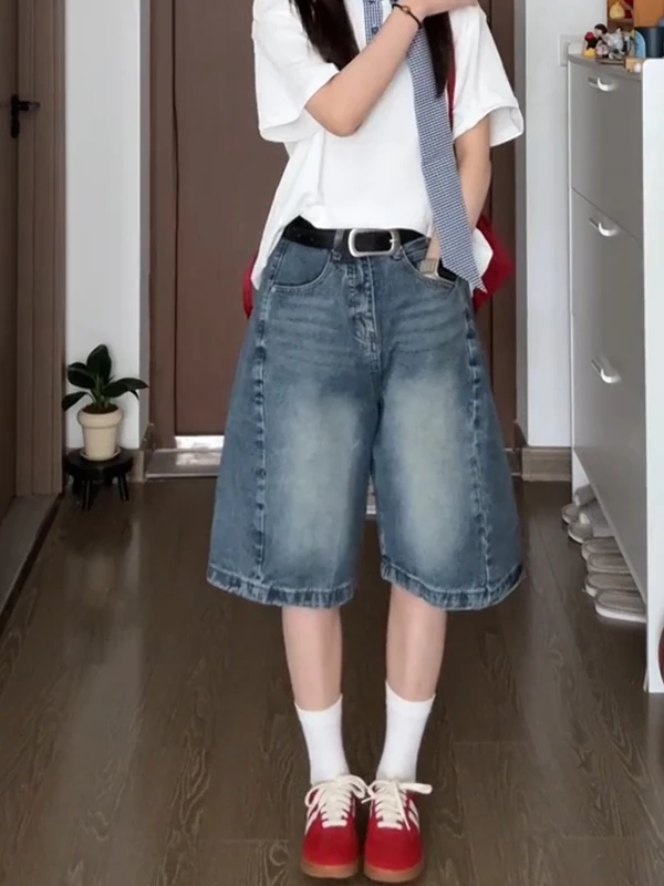 orts de cintura alta com pernas largas de cinco polegadas, calças jeans fenas de verão com corte reto e design solto, c...